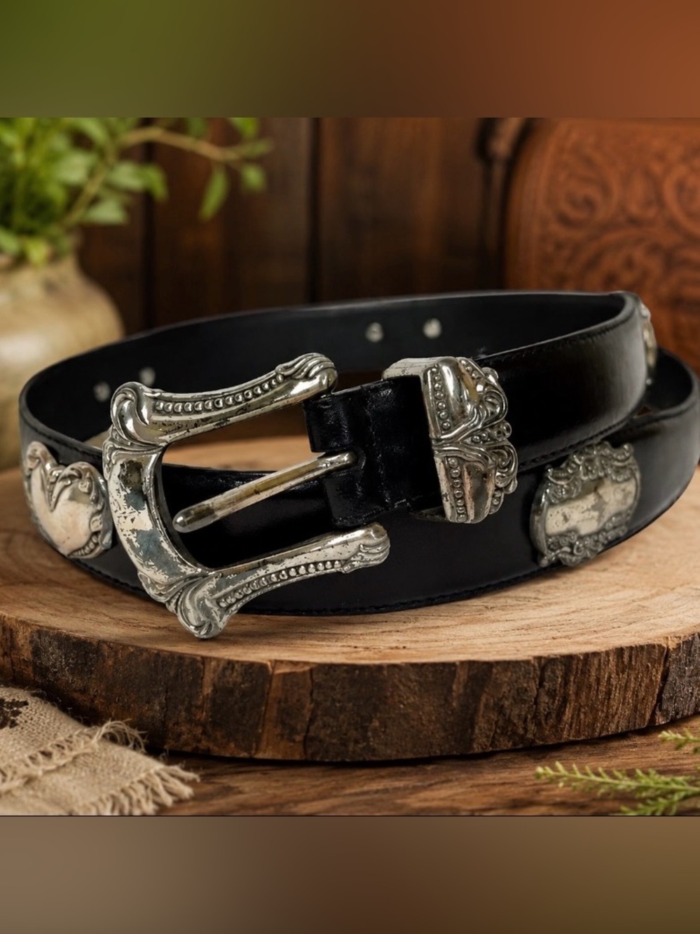 Fossil Genuine Leather Black Belt Heart Rectangle Concho Silver Medallion BT7713